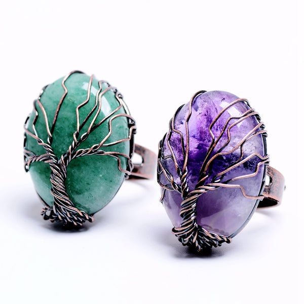 Tree of Life Wrapped Crystal Pendant Rings