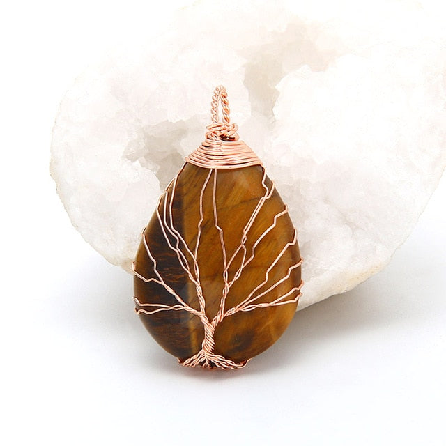 Tree of Life Wrapped Crystal Pendant Necklaces