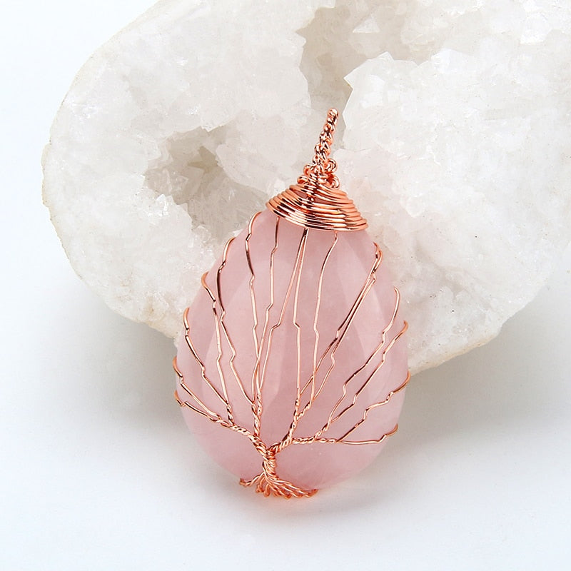 Tree of Life Wrapped Crystal Pendant Necklaces