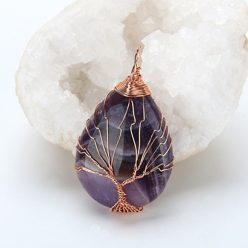 Tree of Life Wrapped Crystal Pendant Necklaces