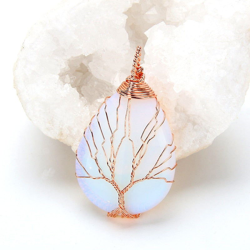 Tree of Life Wrapped Crystal Pendant Necklaces